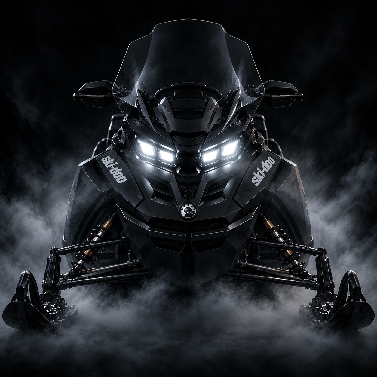 Чёрный Ski-Doo спереди: полный силуэт со стеклом и лыжами в лёгком тумане